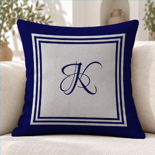 Elegant blauw-grijs vierkant patroon initiaal mono kussen