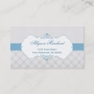 Elegant  blauw grijs wit Damask en Stripes Visitekaartje