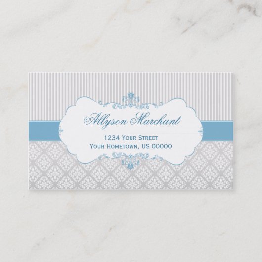 Elegant blauw grijs wit Damask en Stripes Visitekaartje (Voorkant)