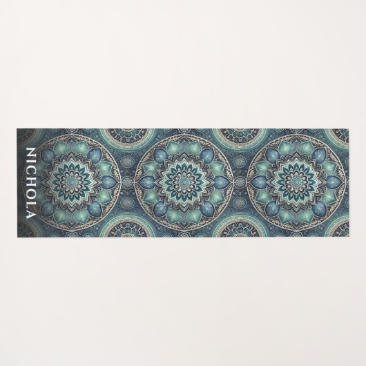 Elegant blauw groen mandala patroon gepersonalisee yogamat (Achterkant (horizontaal))