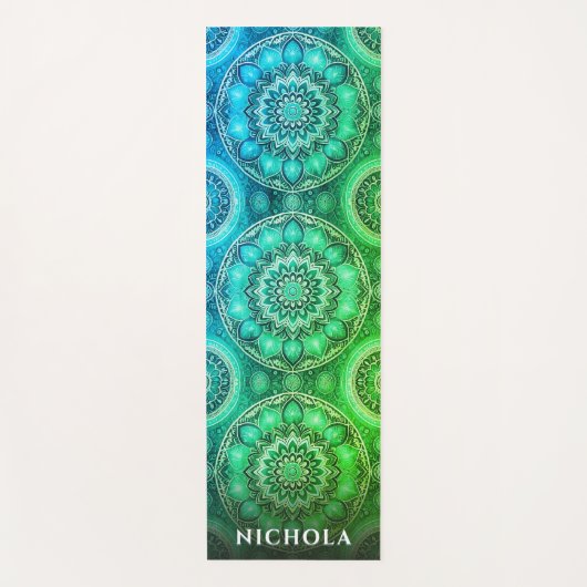 Elegant blauw groen mandala patroon gepersonalisee yogamat (Voorkant)
