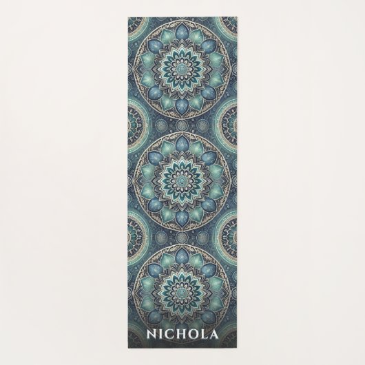 Elegant blauw groen mandala patroon gepersonalisee yogamat (Achterkant)