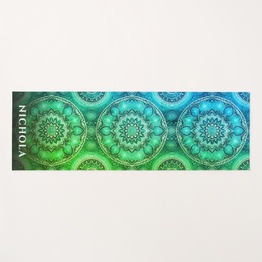 Elegant blauw groen mandala patroon gepersonalisee yogamat (Voorkant (horizontaal))