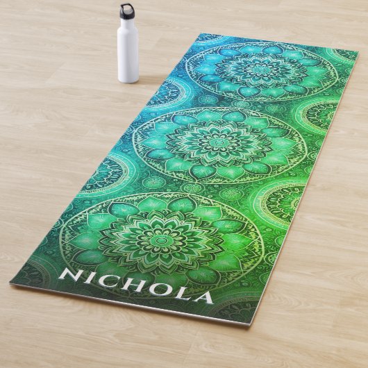 Elegant blauw groen mandala patroon gepersonalisee yogamat (In situ)