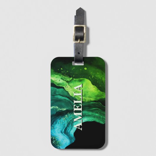 Elegant blauw groen marmer kunst faux glitter bagagelabel (Voorkant (verticaal))