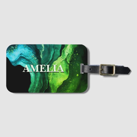 Elegant blauw groen marmer kunst faux glitter bagagelabel (Voorkant (horizontaal))