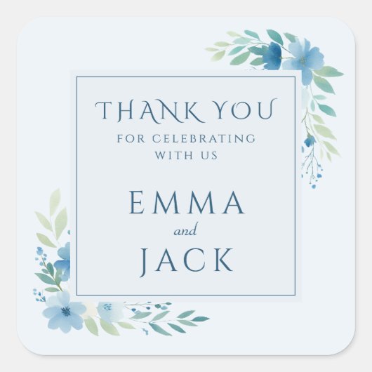 Elegant blauw groen namen bruiloft vierkante sticker (Voorkant)