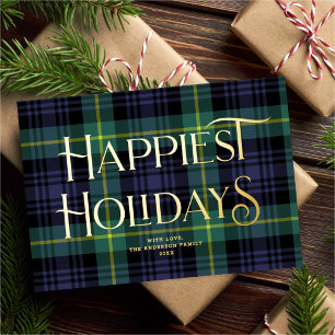 Elegant Blauw Groen Tartan Kerst Niet-Foto Folie Feestdagenkaart