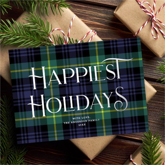 Elegant Blauw Groen Tartan Kerst Niet-Foto Folie Feestdagenkaart