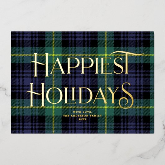 Elegant Blauw Groen Tartan Kerst Niet-Foto Folie Feestdagenkaart (Voorkant)