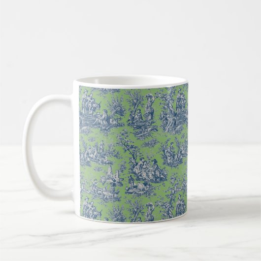 Elegant blauw groen toile de jouy koffiemok (Links)