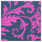 Elegant Blauw & Heet Roze Bloemen Damasks Stof (Close Up)