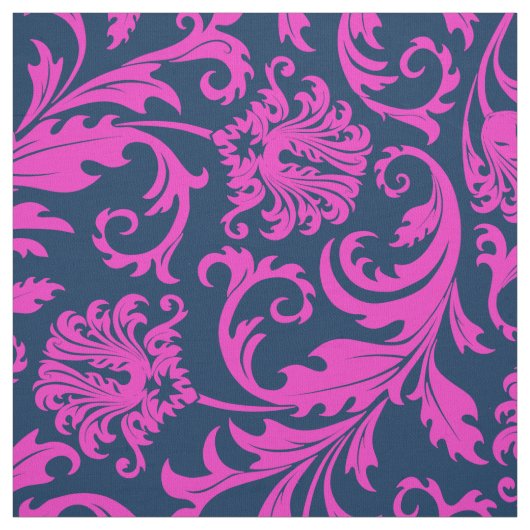 Elegant Blauw & Heet Roze Bloemen Damasks Stof (Swatch)