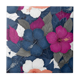 Elegant Blauw Hibiscus Bloempatroon (3) Tegeltje