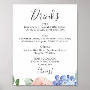 Elegant Blauw Hortensia Bruiloft Dranken Menukaart Poster