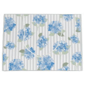 Elegant Blauw Hortensia Patroon Grijze Streep  Groot Cadeauzakje (Voorkant)