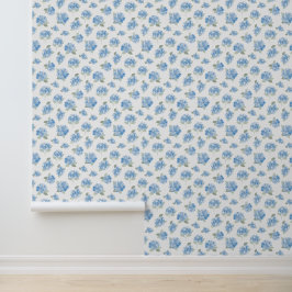 Elegant Blauw Hortensia Patroon op Wit Behang