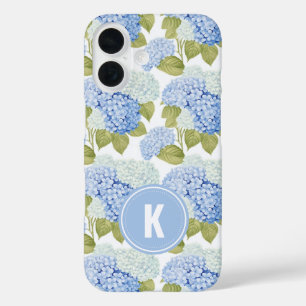Elegant Blauw Hydragea Bloemen Patroon Monogram iPhone 16 Hoesje