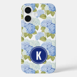 Elegant Blauw Hydragea Bloemen Patroon Monogram iPhone 16 Hoesje