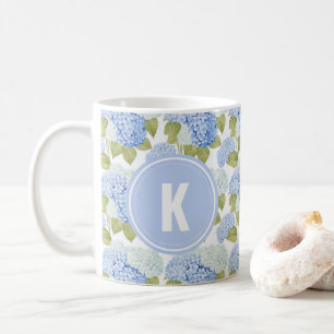 Elegant Blauw Hydragea Bloemen Patroon Monogram Koffiemok