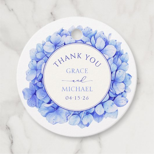 Elegant Blauw Hydrangea Bloem Bruiloft Dank u Bedankjes Labels (Voorkant)