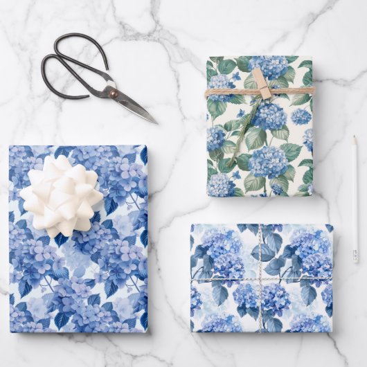 Elegant Blauw Hydrangea Bloemen Patroon Inpakpapier Vel (Voorkant)