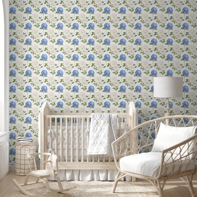Elegant Blauw Hydrangea Bloemenpatroon  Behang (Kinderen)