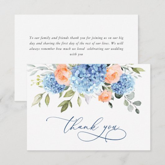Elegant Blauw Hydrangea Blush Roze Rozen Bloemen Bedankkaart (Voorkant / Achterkant)
