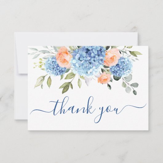 Elegant Blauw Hydrangea Blush Roze Rozen Bloemen Bedankkaart (Voorkant)