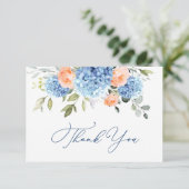 Elegant Blauw Hydrangea Blush Roze Rozen Bloemen Bedankkaart (Staand voorkant)