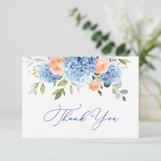 Elegant Blauw Hydrangea Blush Roze Rozen Bloemen Bedankkaart (Staand voorkant)