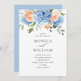 Elegant Blauw Hydrangea Blush Roze Rozen Bruiloft Kaart