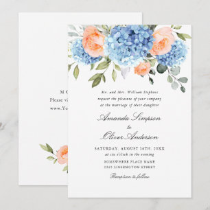 Elegant Blauw Hydrangea Blush Roze Rozen Bruiloft Kaart