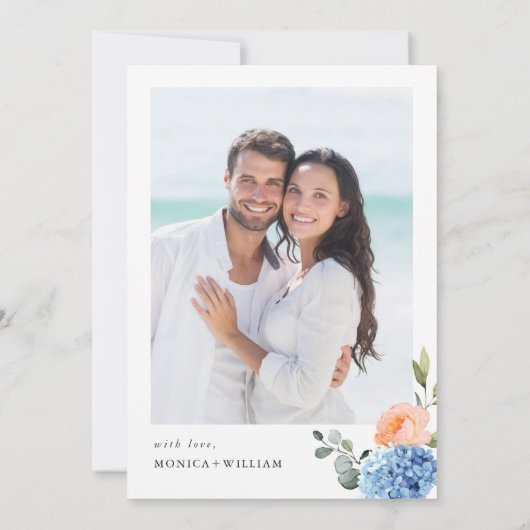 Elegant Blauw Hydrangea Blush Roze Rozen Bruiloft Kaart (Achterkant)