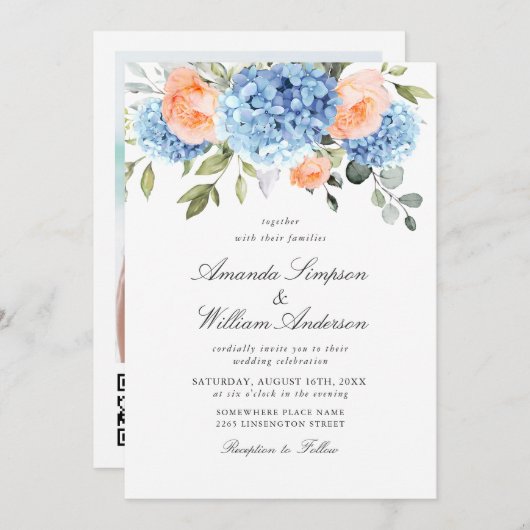 Elegant Blauw Hydrangea Blush Roze Rozen Bruiloft Kaart (Voorkant / Achterkant)