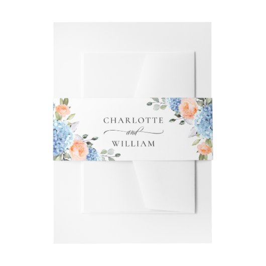 Elegant Blauw Hydrangea Blush Roze Rozen Bruiloft Uitnodigingen Wikkel (Voorkant Voorbeeld)