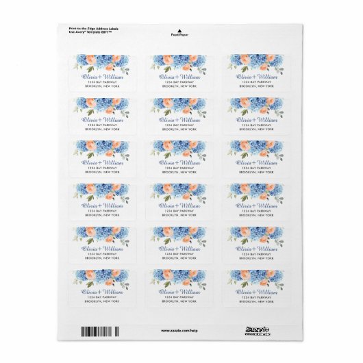 Elegant Blauw Hydrangea Blush Roze Rozen Etiket (Full Sheet)