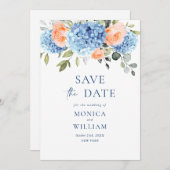 Elegant Blauw Hydrangea Blush Rozen Bloemenbruilof Save The Date (Voorkant / Achterkant)
