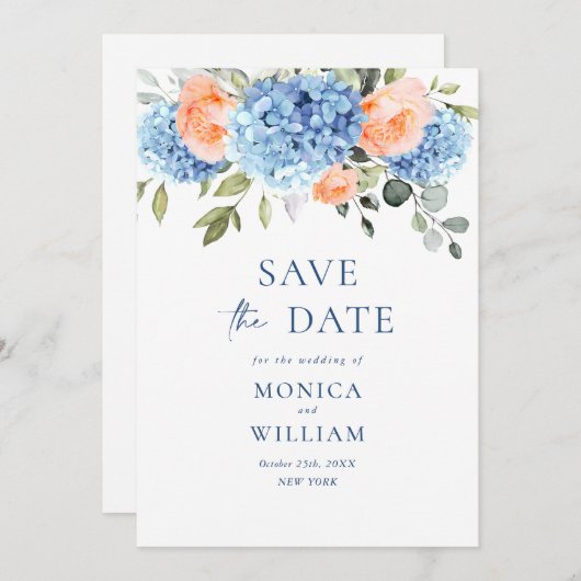 Elegant Blauw Hydrangea Blush Rozen Bloemenbruilof Save The Date (Voorkant / Achterkant)