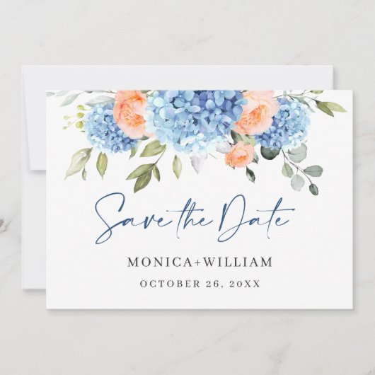 Elegant Blauw Hydrangea Blush Rozen Bloemenbruilof Save The Date (Voorkant)