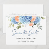 Elegant Blauw Hydrangea Blush Rozen Bloemenbruilof Save The Date (Voorkant / Achterkant)