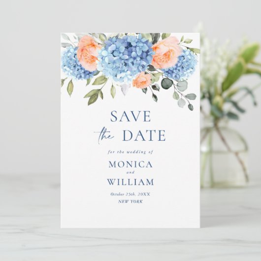 Elegant Blauw Hydrangea Blush Rozen Bloemenbruilof Save The Date (Staand voorkant)