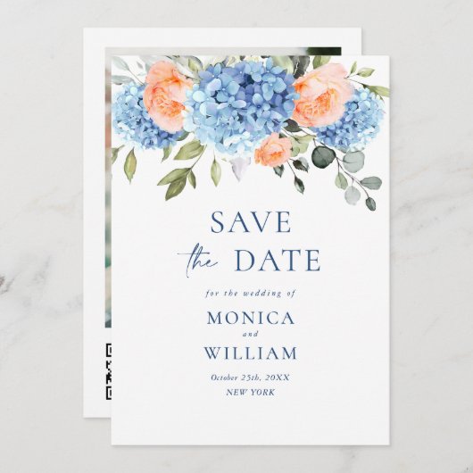 Elegant Blauw Hydrangea Blush Rozen Bloemenbruilof Save The Date (Voorkant / Achterkant)