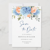 Elegant Blauw Hydrangea Blush Rozen Bloemenbruilof Save The Date (Voorkant)