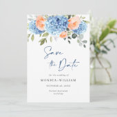 Elegant Blauw Hydrangea Blush Rozen Bloemenbruilof Save The Date (Staand voorkant)