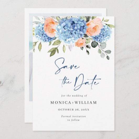 Elegant Blauw Hydrangea Blush Rozen Bloemenbruilof Save The Date (Voorkant / Achterkant)