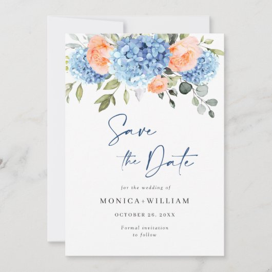 Elegant Blauw Hydrangea Blush Rozen Bloemenbruilof Save The Date (Voorkant)
