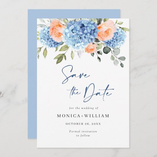 Elegant Blauw Hydrangea Blush Rozen Bloemenbruilof Save The Date (Voorkant / Achterkant)