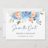 Elegant Blauw Hydrangea Blush Rozen Bloemenbruilof Save The Date (Voorkant)