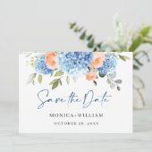 Elegant Blauw Hydrangea Blush Rozen Bloemenbruilof Save The Date (Staand voorkant)